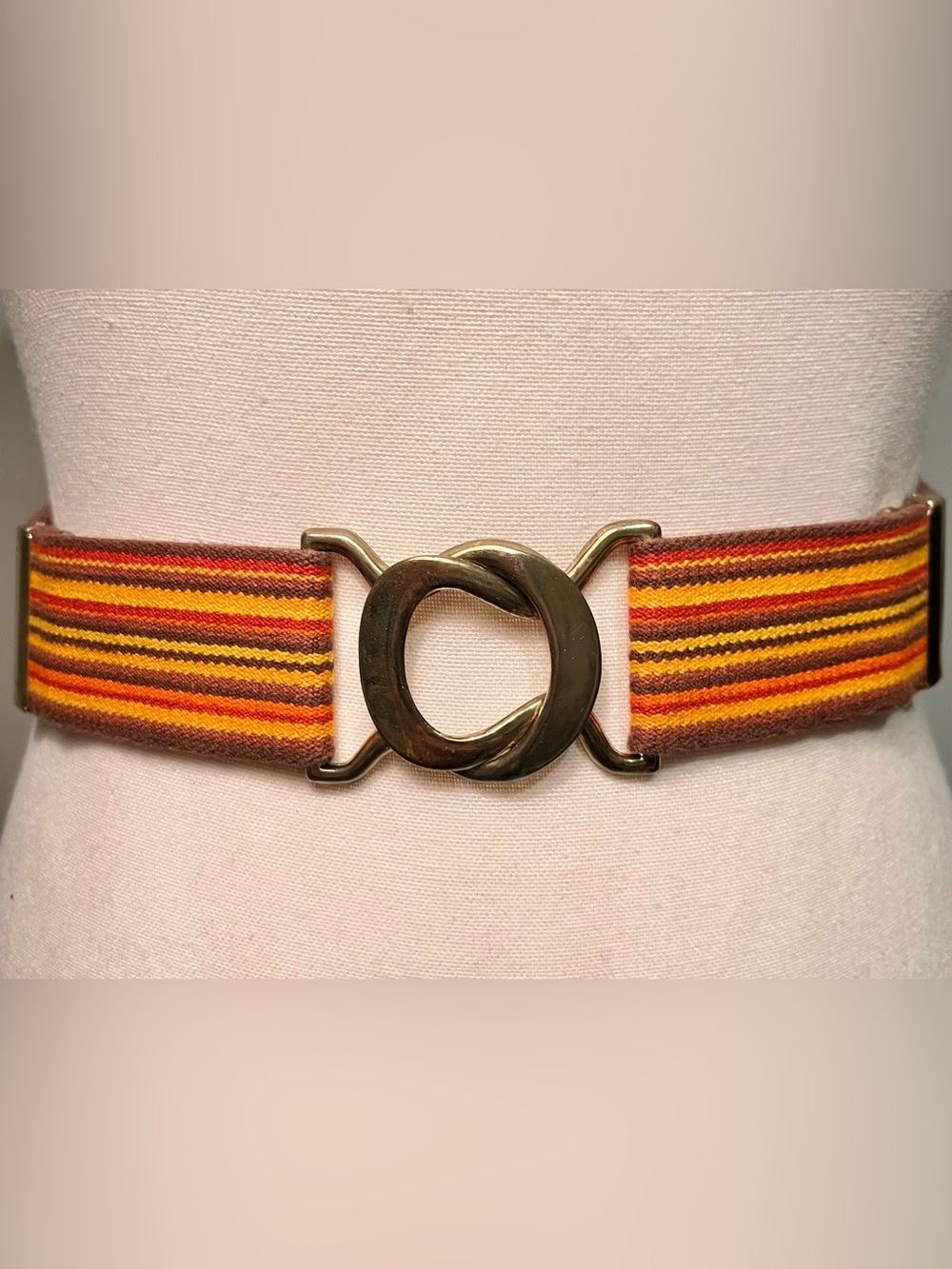 Vintage Striped Elastic Waist Belt with Antiqued Ring Buckle - Orange Multi